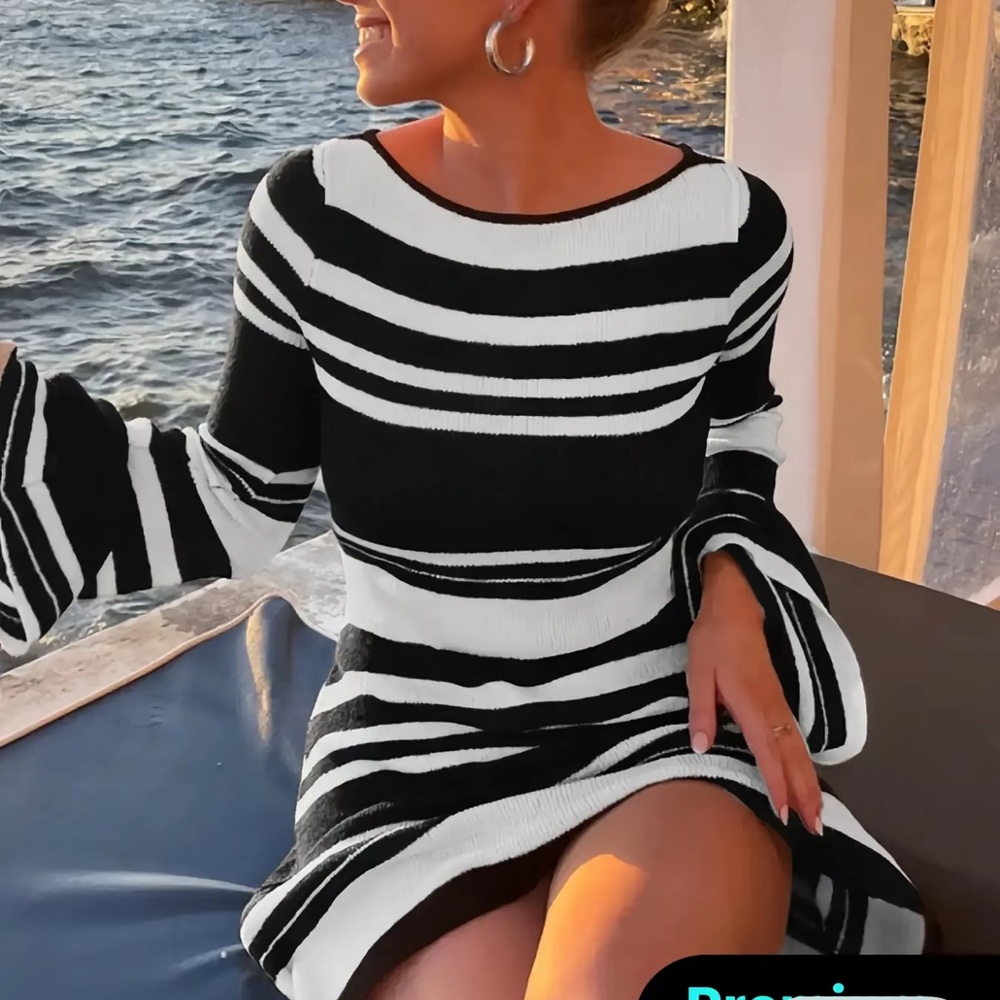 Black & White Striped Long Sleeve Knit Dress